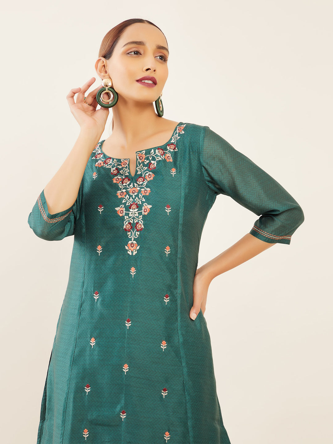 Floral Embroidered Placement Kurta Set Green