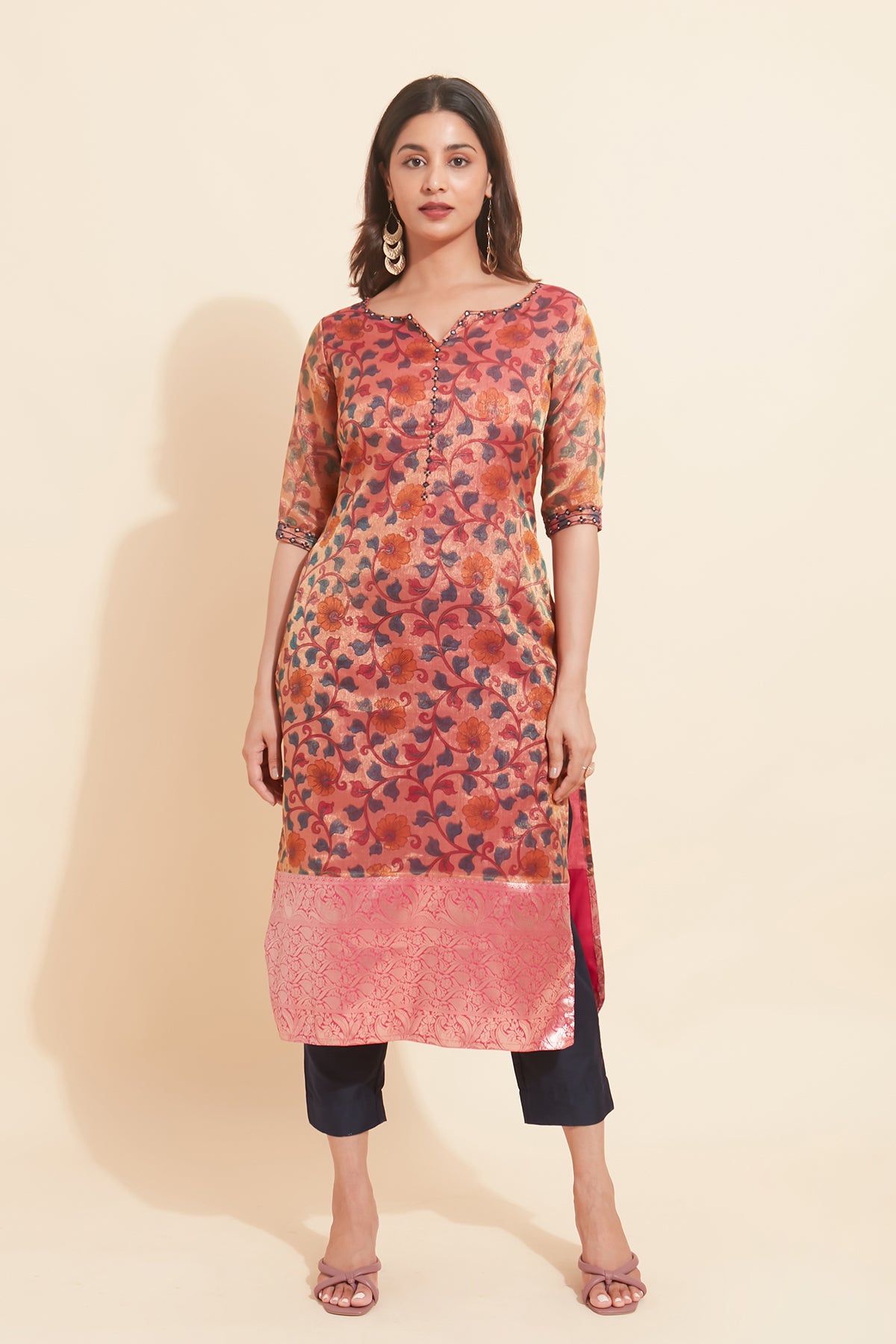 All Over Botanical Floral Motif Printed Motif Kurta Set Pink Navy