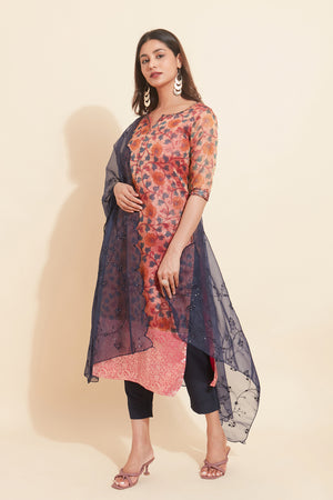 All Over Botanical Floral Motif Printed Motif Kurta Set Pink Navy