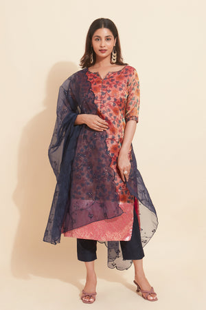 All Over Botanical Floral Motif Printed Motif Kurta Set Pink Navy