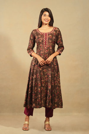 Floral Embroidered Neckline Kurta Set With Scallop Dupatta Brown Maroon
