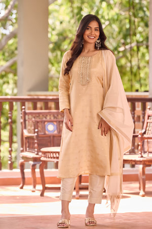 Golden Sequin Brocade Kurta Set with Off-White Tissue Dupatta