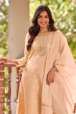 Golden Sequin Brocade Kurta Set with Off-White Tissue Dupatta