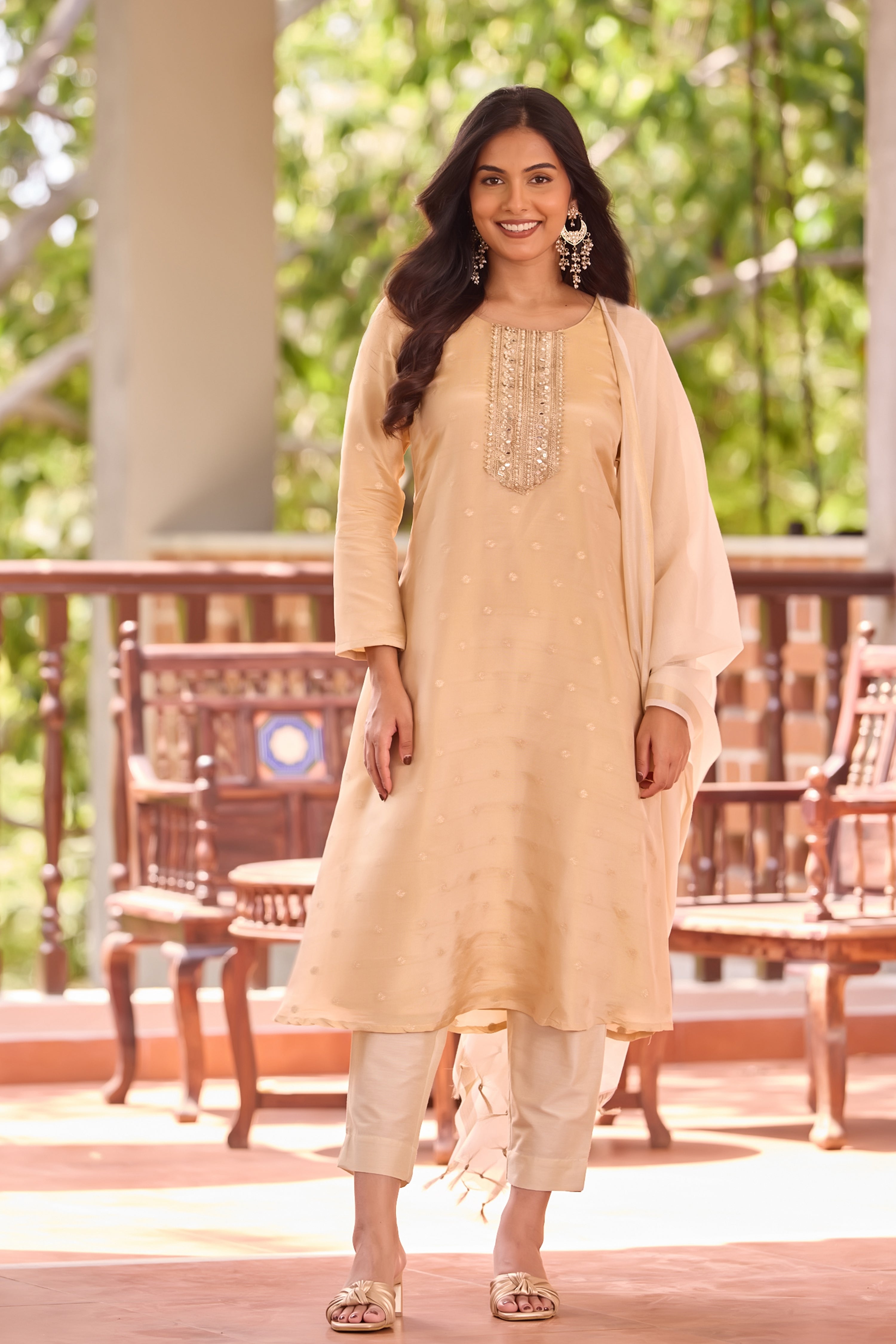 Golden Sequin Brocade Kurta Set with Off-White Tissue Dupatta