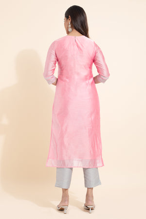 Floral Embroidered Kurtaset WIth Brocade Dupatta - Pink & Grey