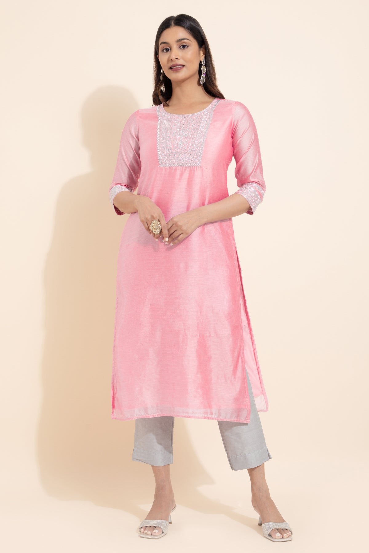 Floral Embroidered Kurtaset WIth Brocade Dupatta - Pink & Grey