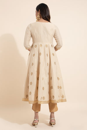 Floral Embroidered Kurtaset with Brocade Dupatta - Off-White & Gold
