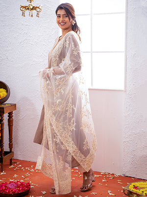 Contrast Floral Embroidered Kurta Set With Embroidered Organza Dupatta Brown Off White