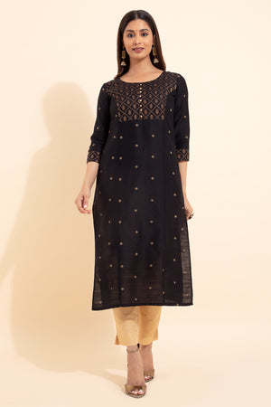 Dobby Weave Festive Kurtaset - Black & Beige