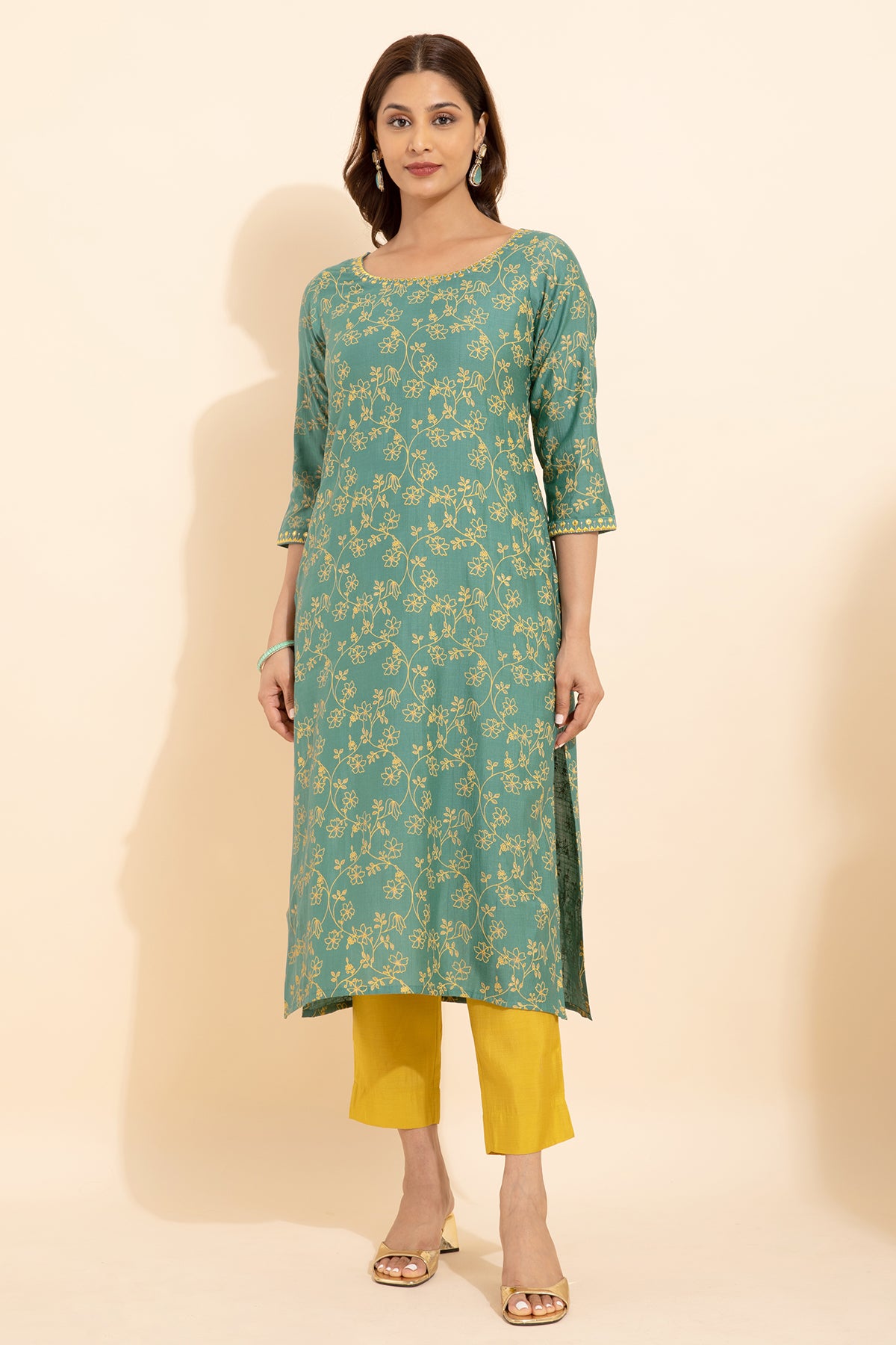 Jewel Embroidered Neckline & Floral Printed Kurta Set With Sequin Dupatta - Green & Yellow