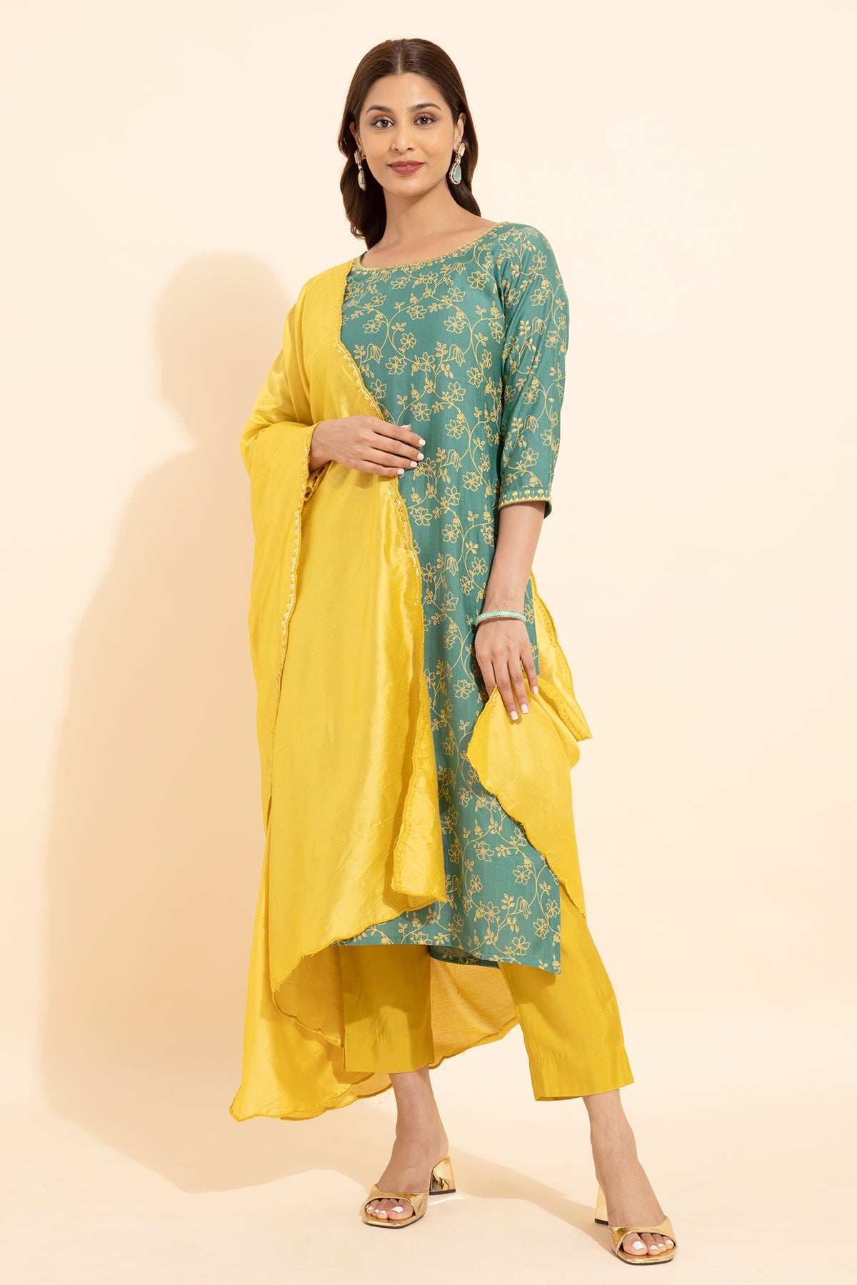 Jewel Embroidered Neckline Floral Printed Kurta Set With Sequin Dupatta Green Yellow