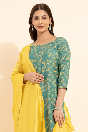 Jewel Embroidered Neckline Floral Printed Kurta Set With Sequin Dupatta Green Yellow