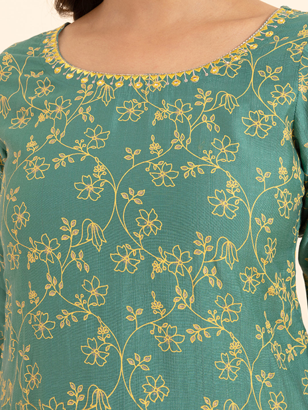 Jewel Embroidered Neckline Floral Printed Kurta Set With Sequin Dupatta Green Yellow