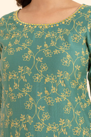 Jewel Embroidered Neckline Floral Printed Kurta Set With Sequin Dupatta Green Yellow