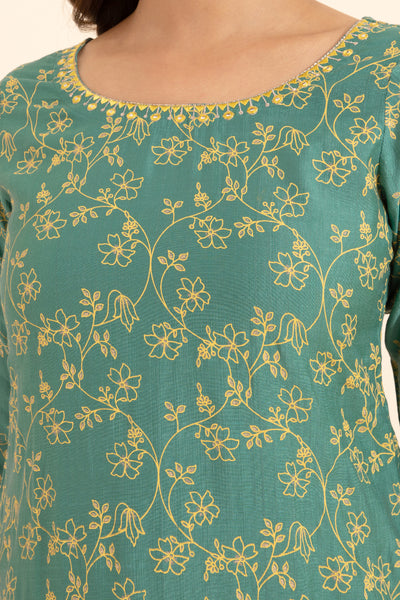 Jewel Embroidered Neckline & Floral Printed Kurta Set With Sequin Dupatta - Green & Yellow