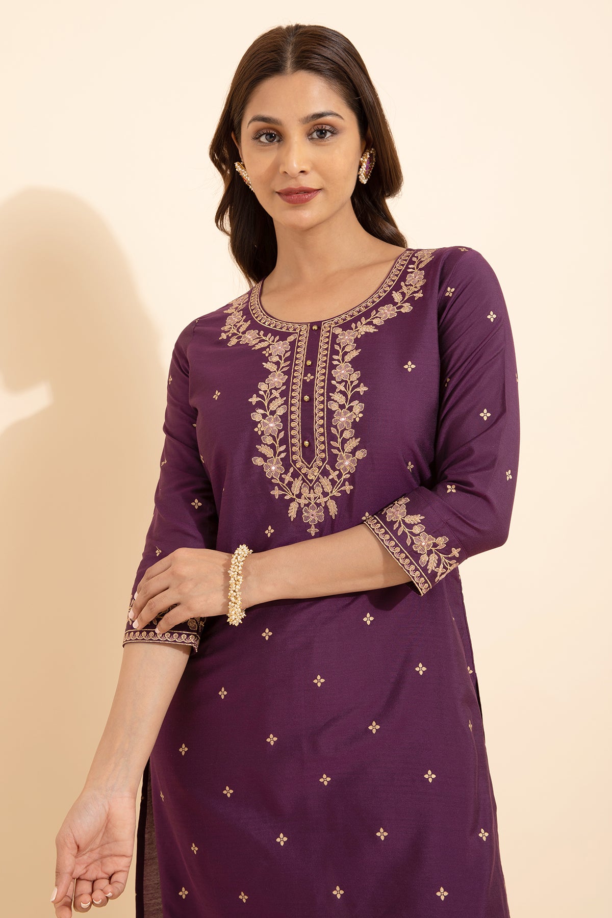 Floral Embroidered Printed Kurta Set With Brocade Dupatta Purple Pink