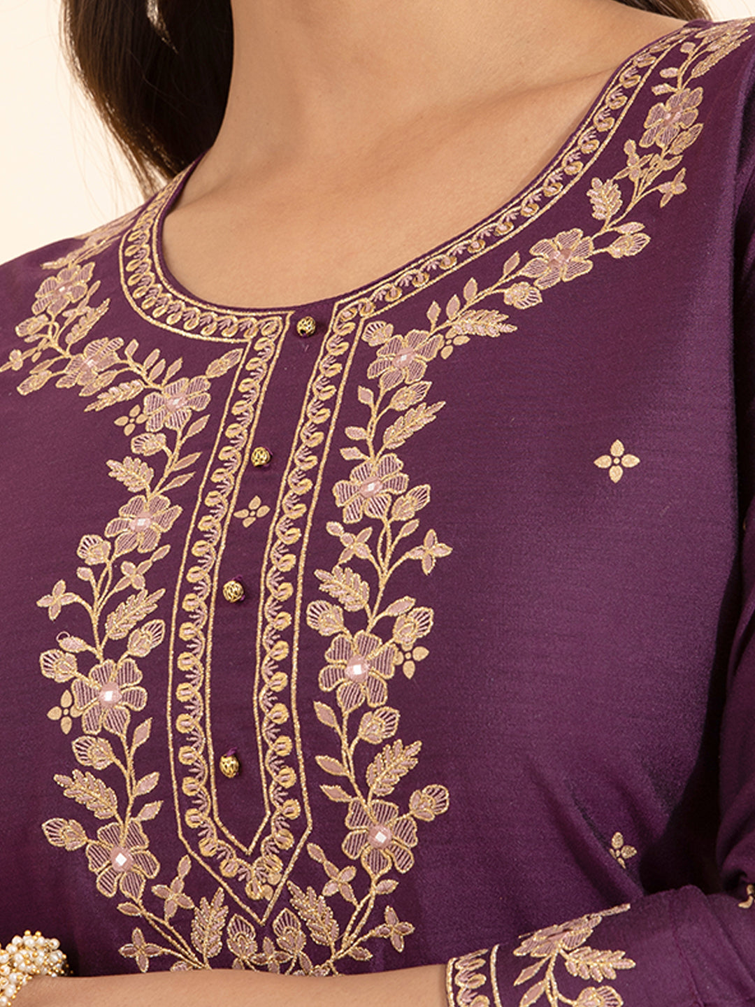 Floral Embroidered Printed Kurta Set With Brocade Dupatta Purple Pink