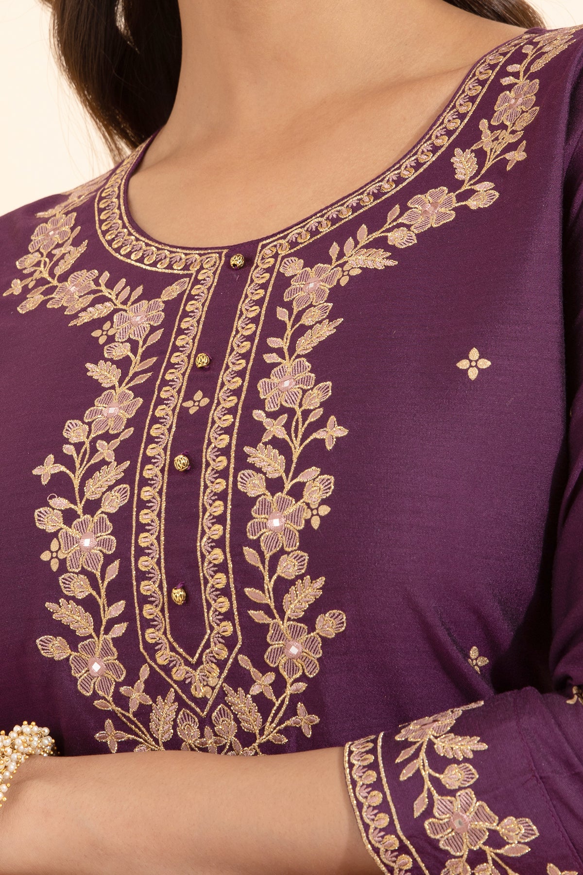 Floral Embroidered Printed Kurta Set With Brocade Dupatta Purple Pink