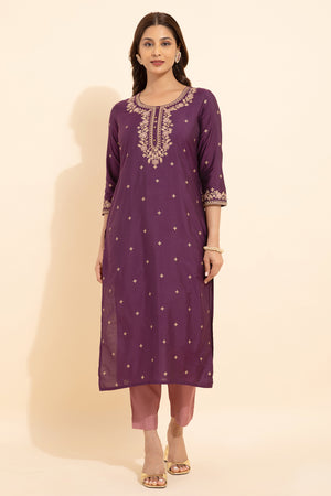 Floral Embroidered Printed Kurta Set With Brocade Dupatta Purple Pink