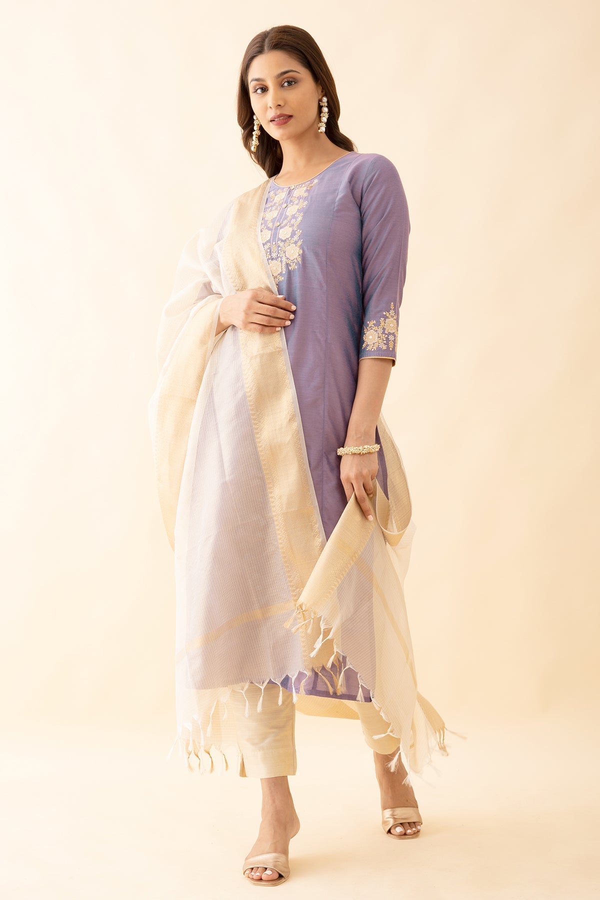 Contrast Floral Embroidery Yoke Kurta Set With Zari Dupatta Purple Beige