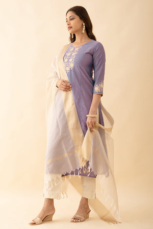 Contrast Floral Embroidery Yoke Kurta Set With Zari Dupatta Purple Beige