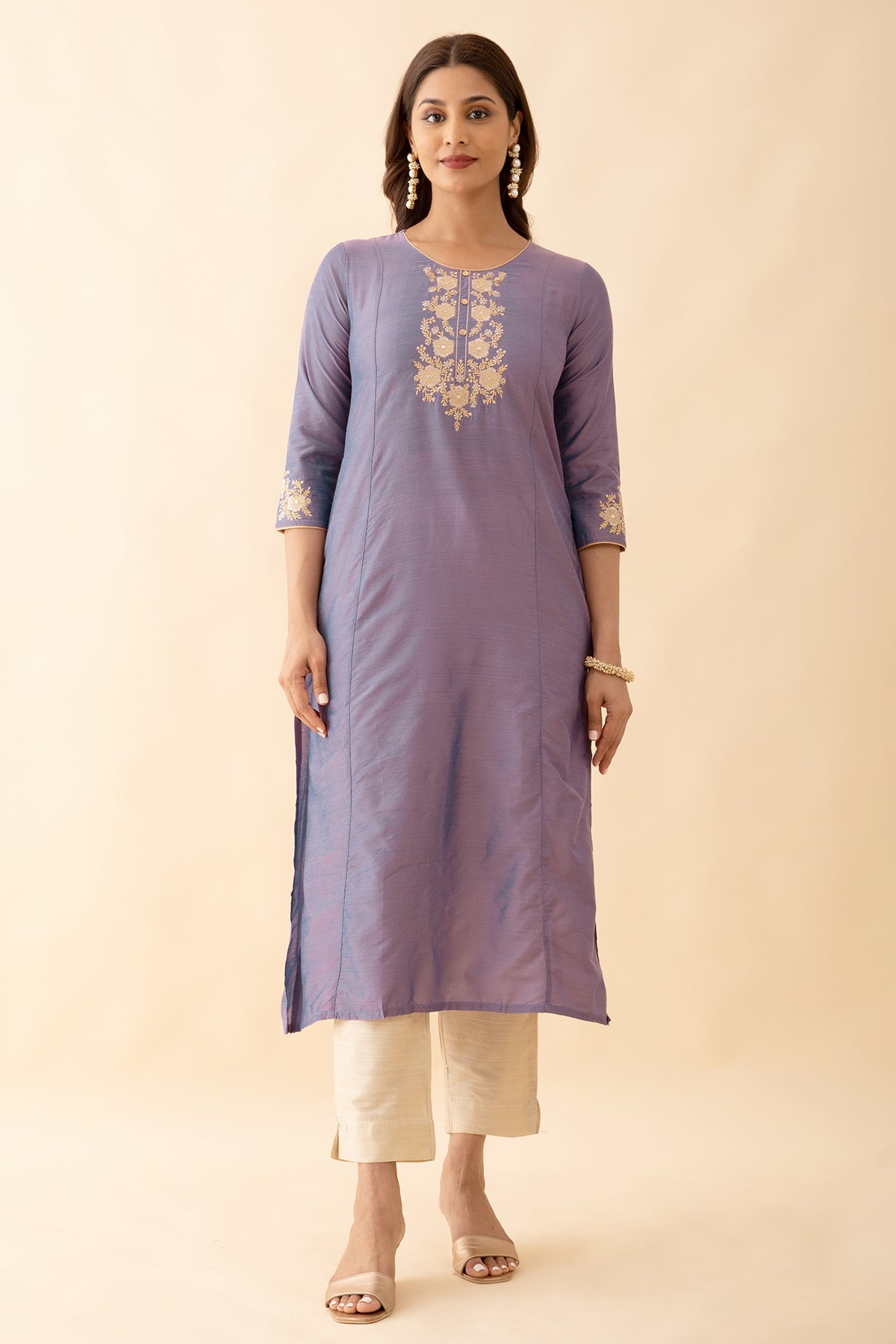 Contrast Floral Embroidery Yoke Kurta Set With Zari Dupatta Purple Beige