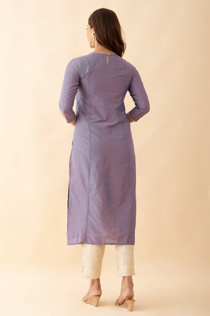 Contrast Floral Embroidery Yoke Kurta Set With Zari Dupatta Purple Beige