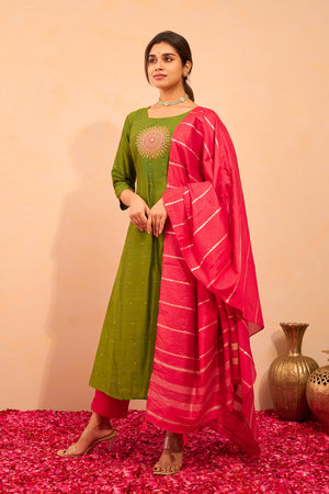 Mandala Embroidered Kurtaset with Dupatta - Green & Pink
