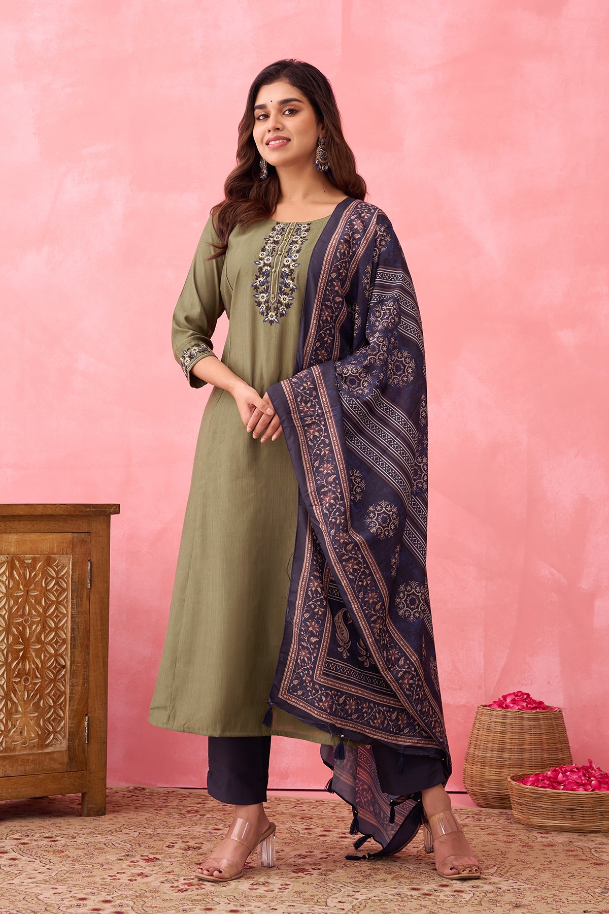 Floral Embroidered Kurtaset with Printed Dupatta - Green & Navy Blue
