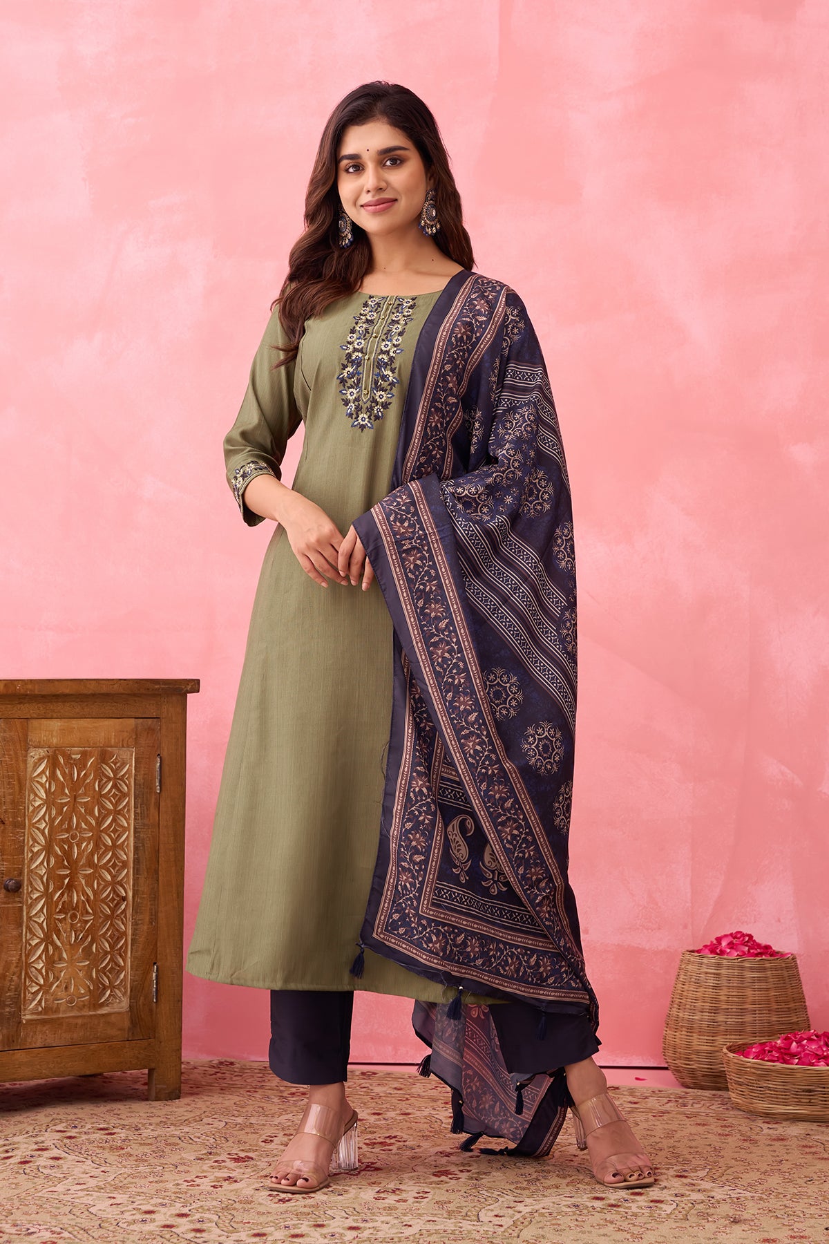 Floral Embroidered Kurtaset with Printed Dupatta - Green & Navy Blue