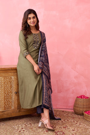 Floral Embroidered Kurtaset with Printed Dupatta - Green & Navy Blue