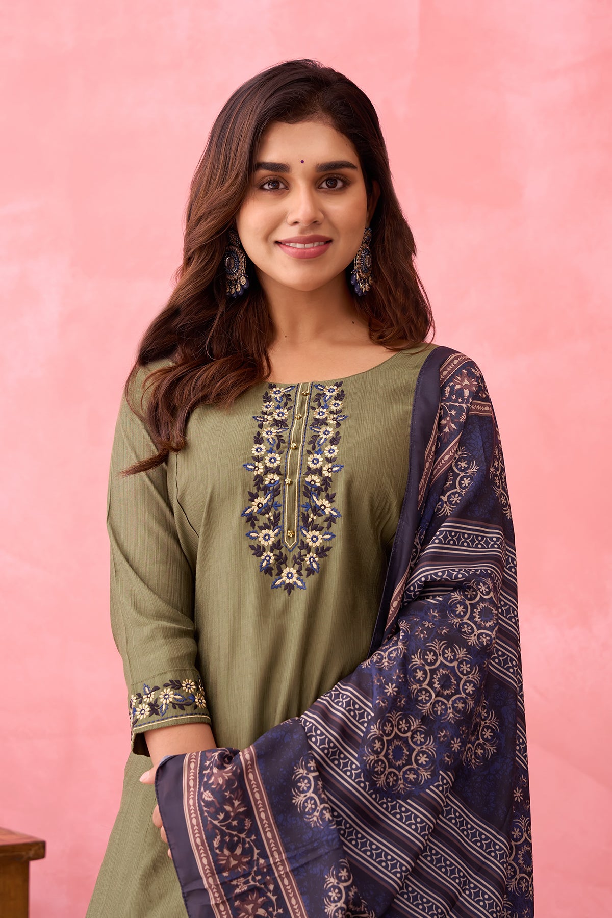 Floral Embroidered Kurtaset with Printed Dupatta - Green & Navy Blue