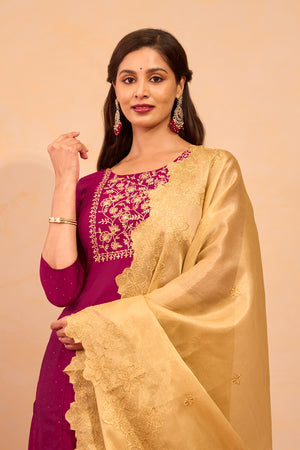 Floral Embroidered Kurtaset with Scallop Dupatta - Magenta & Gold
