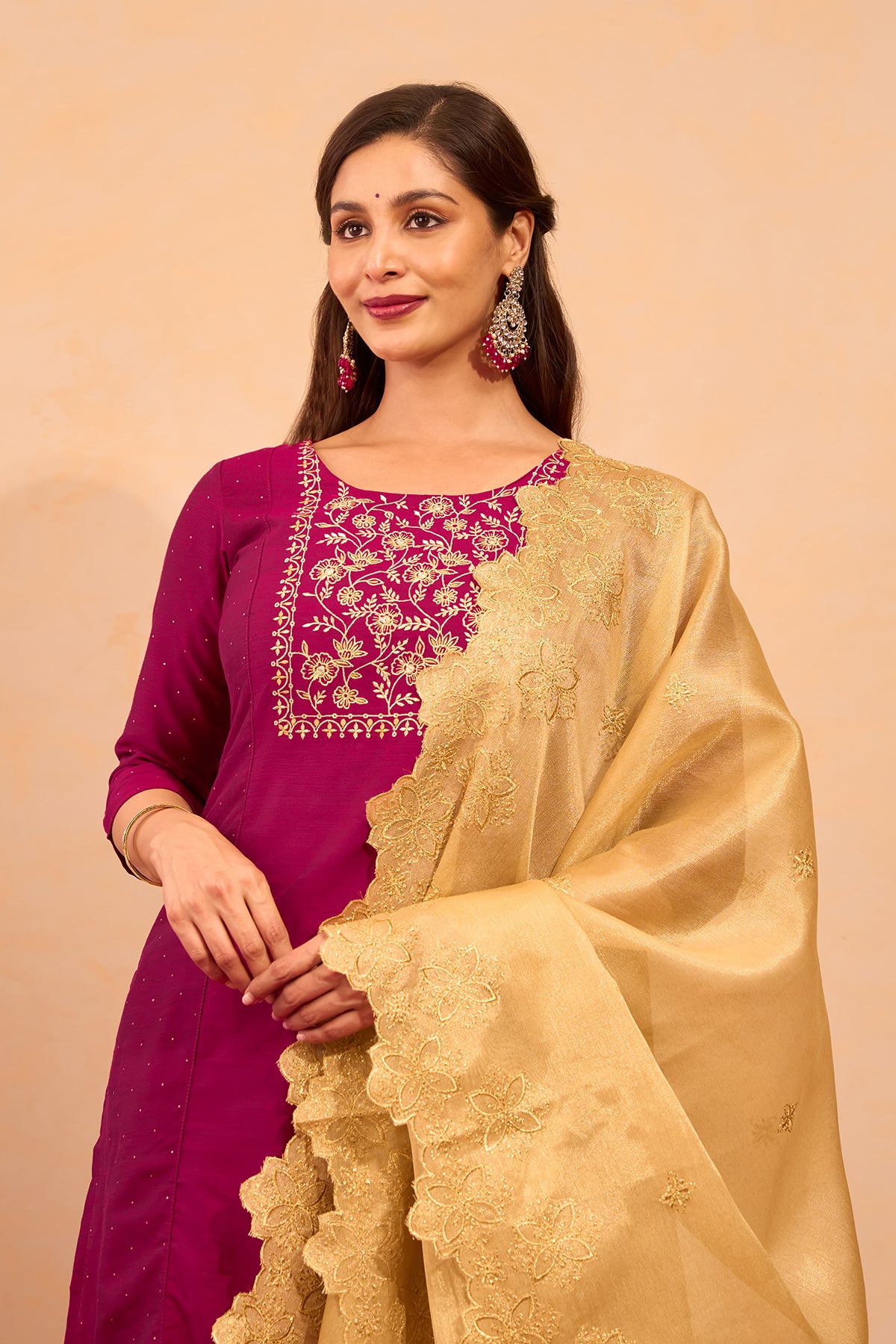 Floral Embroidered Kurtaset with Scallop Dupatta - Magenta & Gold
