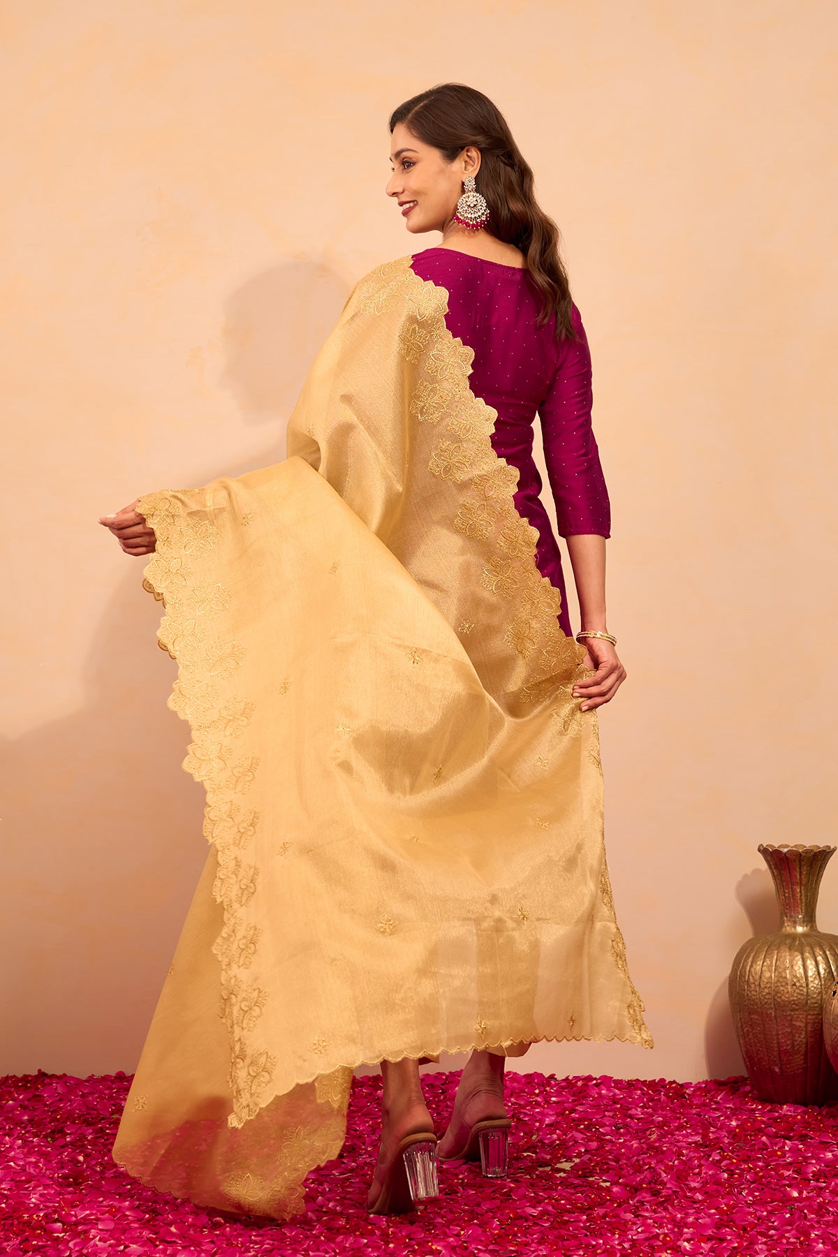 Floral Embroidered Kurtaset with Scallop Dupatta - Magenta & Gold
