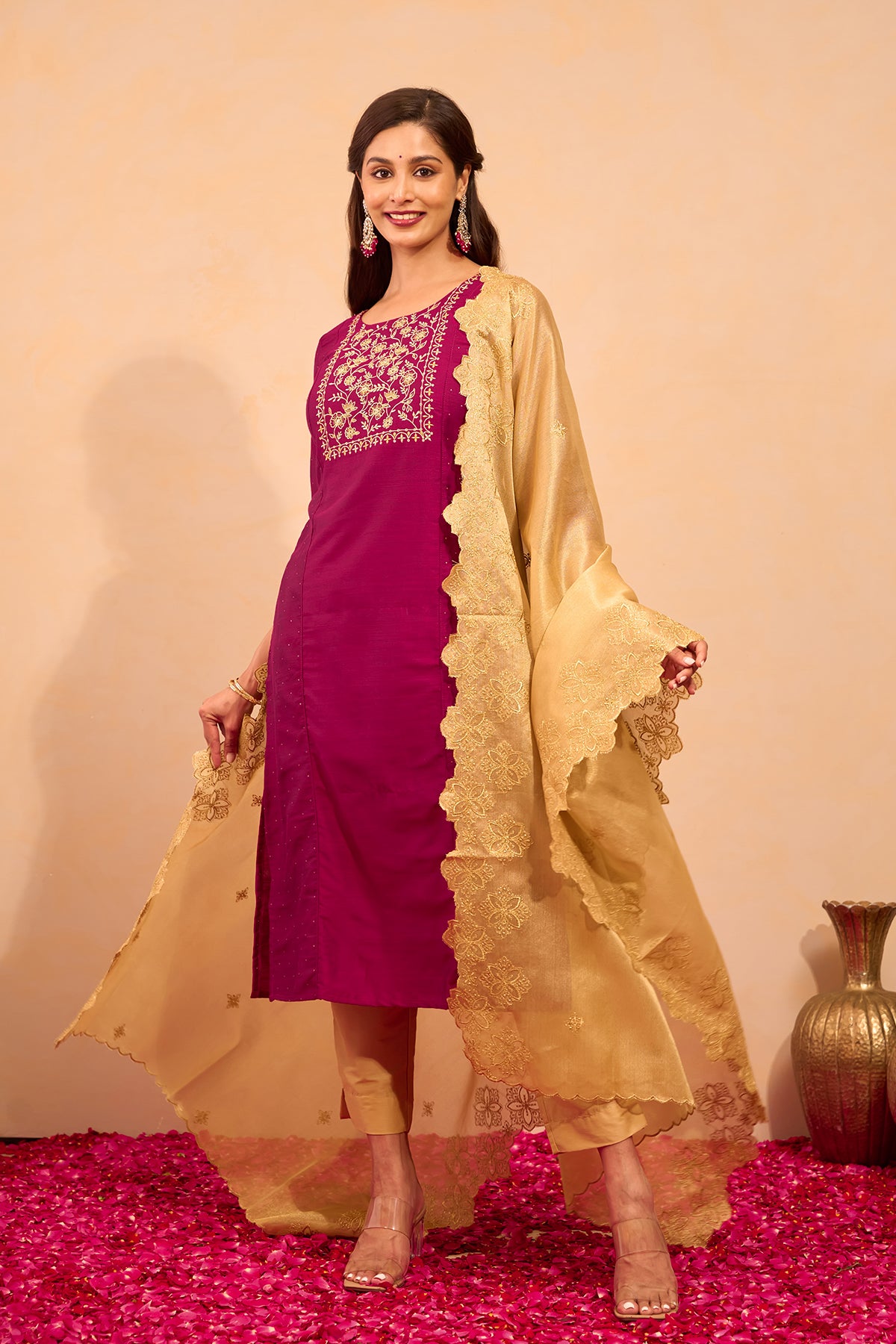 Floral Embroidered Kurtaset with Scallop Dupatta - Magenta & Gold
