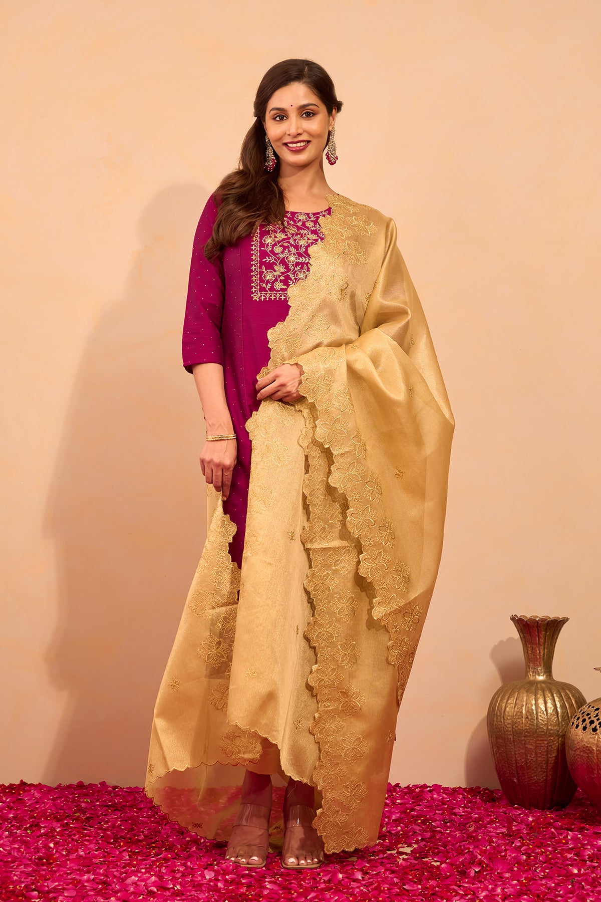 Floral Embroidered Kurtaset with Scallop Dupatta - Magenta & Gold