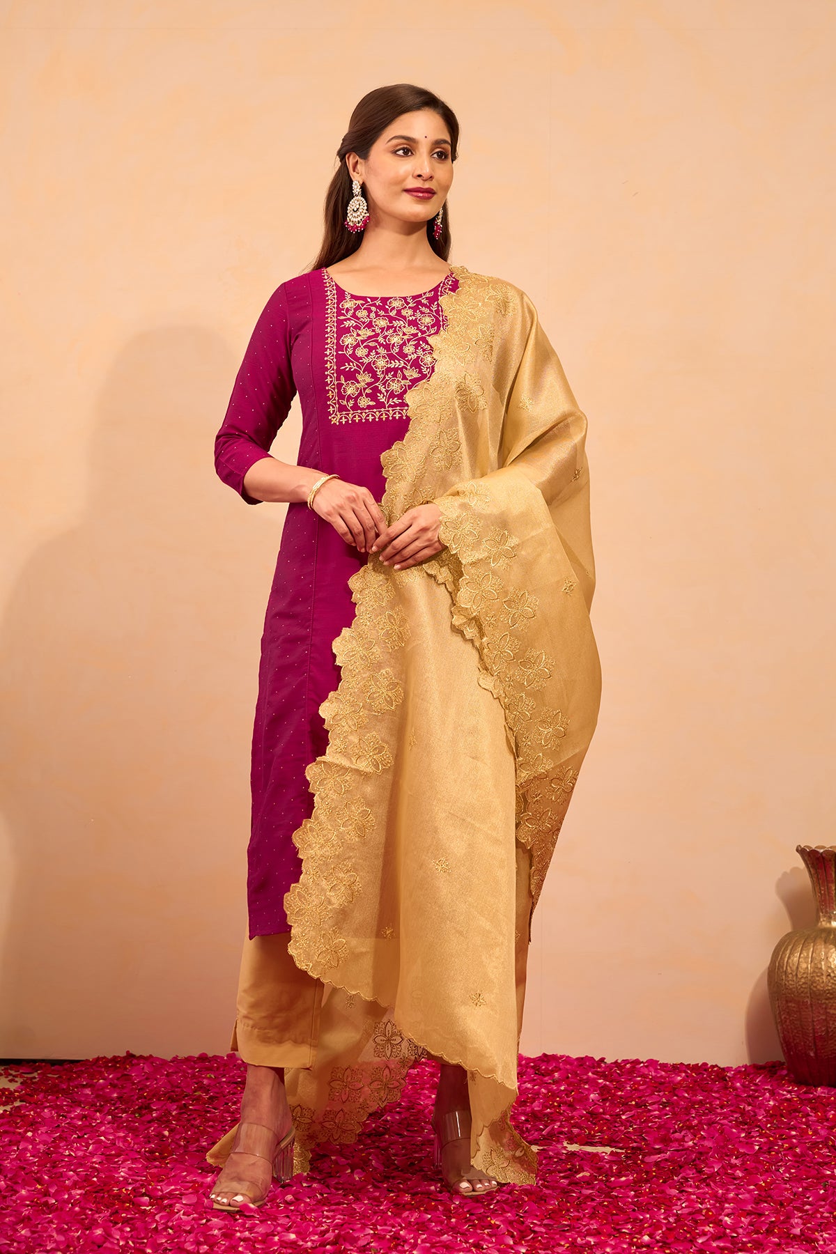 Floral Embroidered Kurtaset with Scallop Dupatta - Magenta & Gold