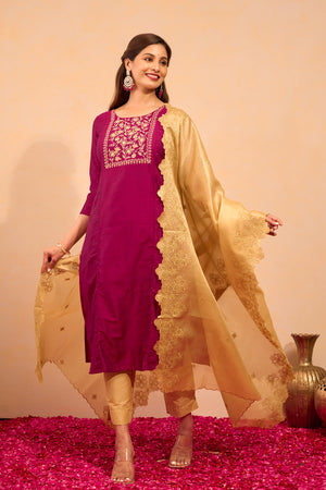 Floral Embroidered Kurtaset with Scallop Dupatta - Magenta & Gold