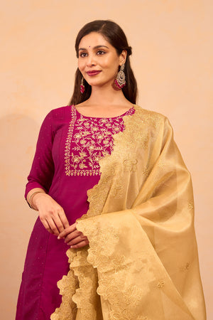 Floral Embroidered Kurtaset with Scallop Dupatta - Magenta & Gold