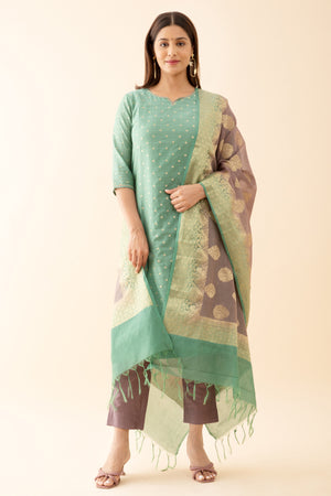 All Over Floral Woven Kurtaset with Brocade Dupatta Green Purple