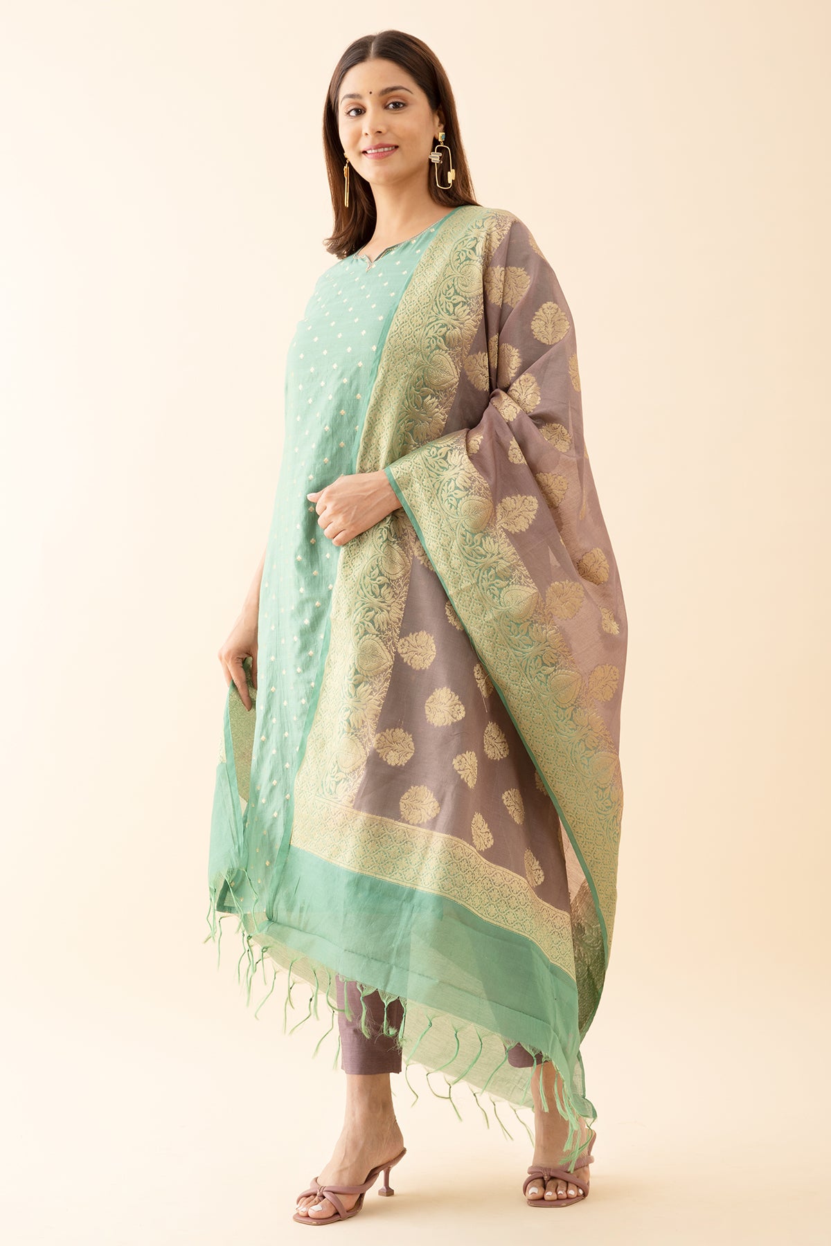 All Over Floral Woven Kurtaset with Brocade Dupatta Green Purple