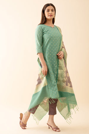 All Over Floral Woven Kurtaset with Brocade Dupatta Green Purple