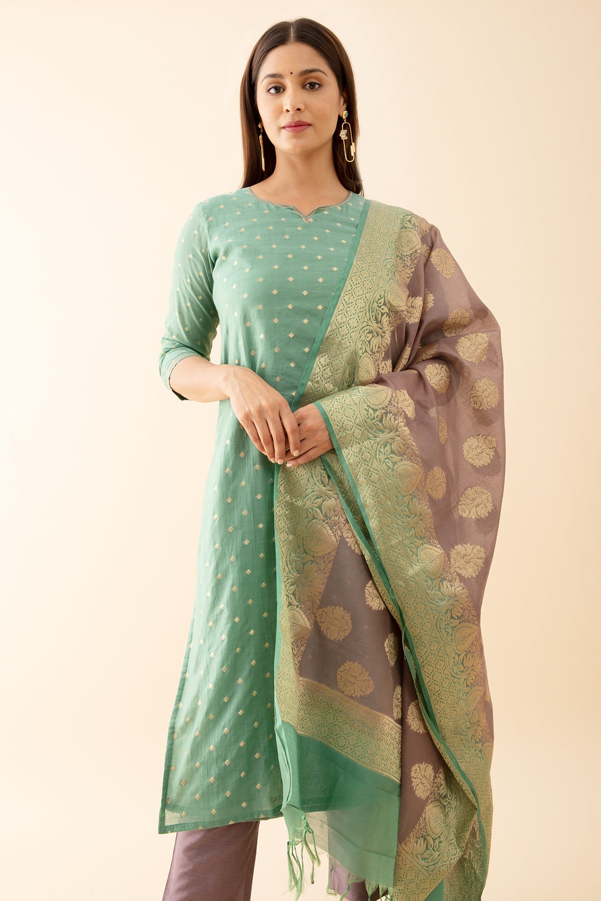 All Over Floral Woven Kurtaset with Brocade Dupatta Green Purple