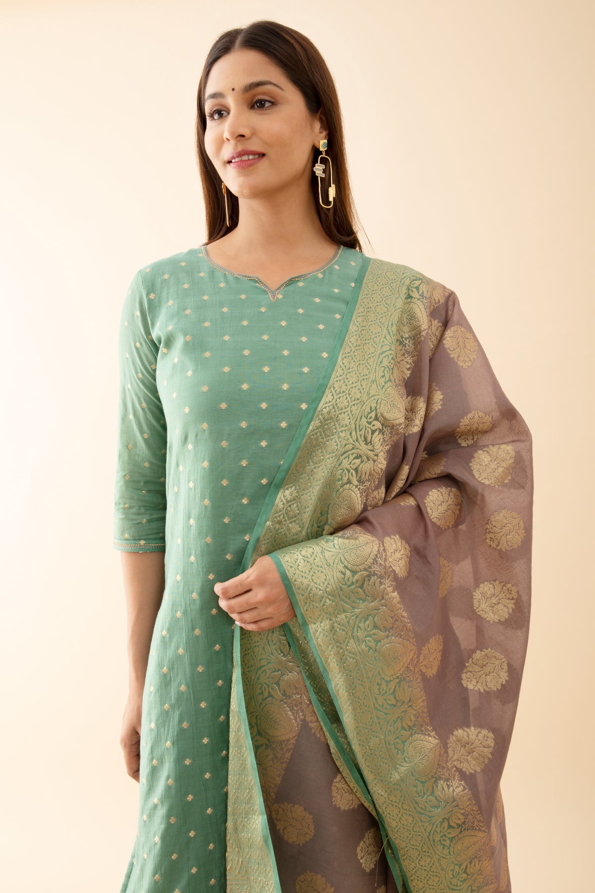 All Over Floral Woven Kurtaset with Brocade Dupatta Green Purple