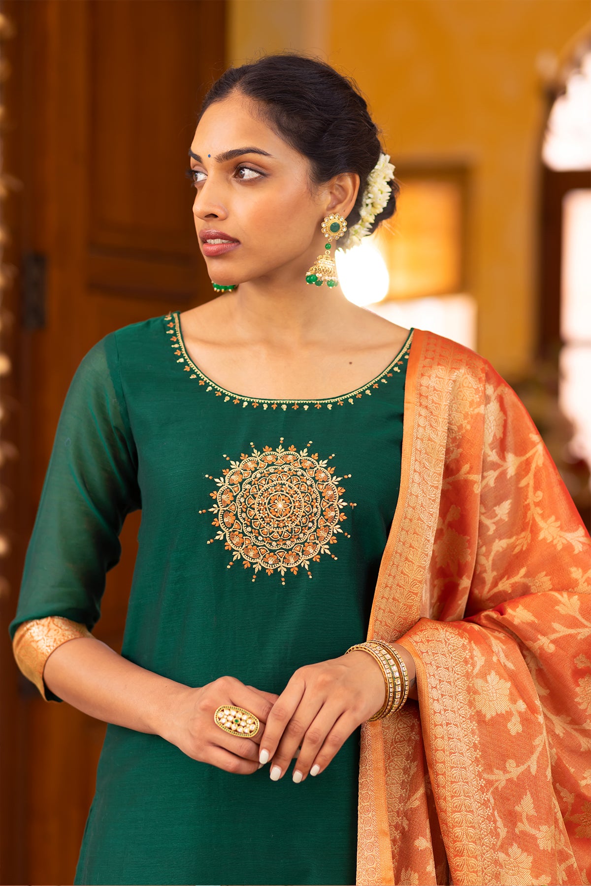 Mandala Embroidered Kurtaset with Brocade Dupatta - Green & Orange
