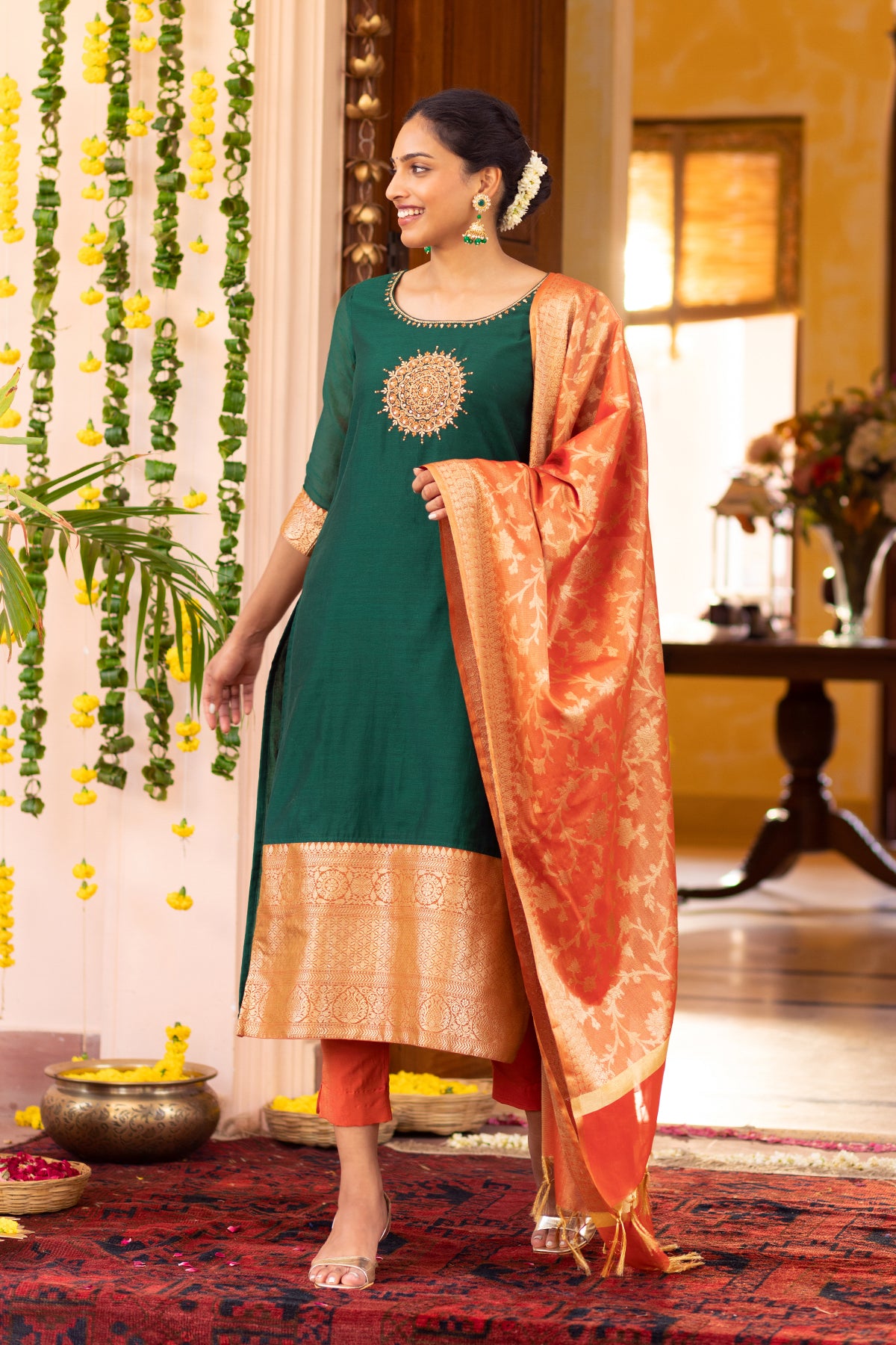 Mandala Embroidered Kurtaset with Brocade Dupatta - Green & Orange
