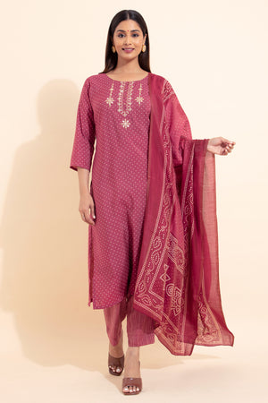 Bandhani Printed & Embroidered Kurta Set - Mauve