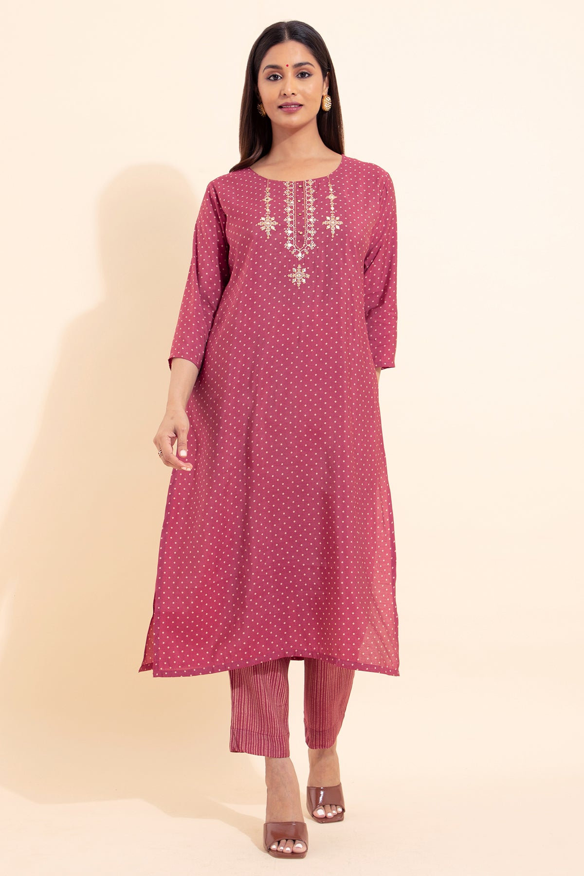 Bandhani Printed & Embroidered Kurta Set - Mauve