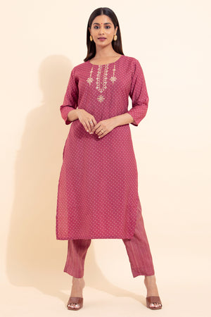 Bandhani Printed & Embroidered Kurta Set - Mauve